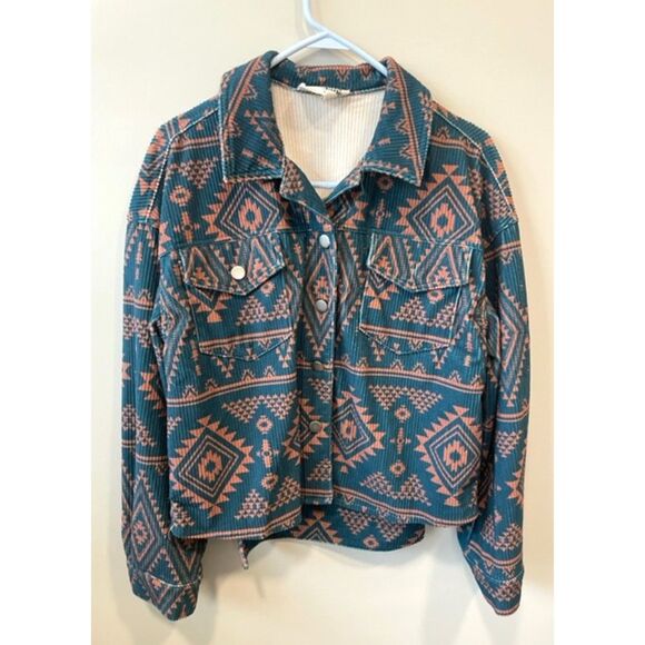 Dusty Corduroy Teal Sunset Aztec Western Jacket Women's Sz S - Picture 1 of 12